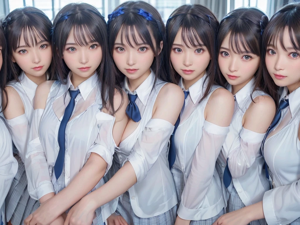 ((Highest quality, Ultra-high resolution, Realistic, RAW Photos, 8k, Real photograph:1.6)), ((日本人high school girl, 16yo)) , Beautiful detailed, Beautiful Face, skeletally correct, cute, (((smile))), Japanese beautiful skin, Black Hair, Semi-long hair, (((Summer Girls' School Uniform))), White shirt, Blue check mini skirt, (((Perfect hands, Perfect Fingers, Perfect Arms, Perfect Legs: 1.5))), (((Big Breasts, Full cleavage:1.5))), Captivating performance, Super Real, Soft Light, (((high school girl, Very detailed, 6+girls: 1.99))), (((high school girl, Very detailed, 6+girls: 1.99))), ((100人のhigh school girl: 1.5)), (((high school girl, Very detailed, perfect identical faces, perfect identical body shapes: 1.99))), Full body photo, Wide-angle field of view, Depth of subject, Zoom out, top view