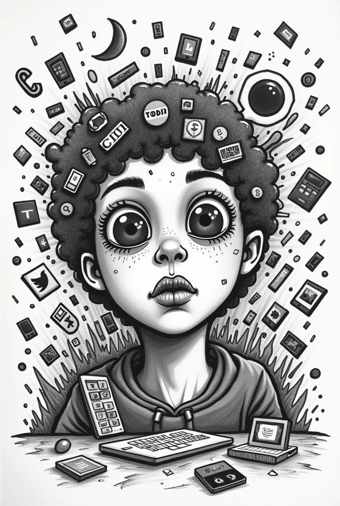 Create a drawing, about how media affects students. Show a deep meaning in the drawing. Also make it easier to trace. Make the drawing style chaotic cartoony.