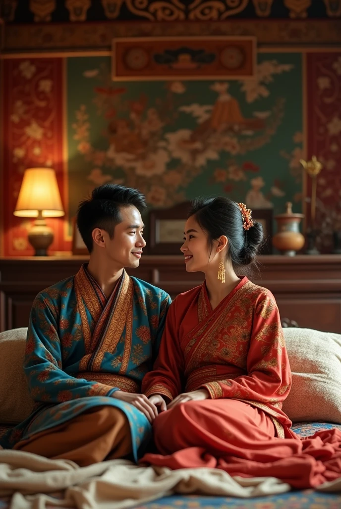 Bhutanese couple talking while sitting on bed