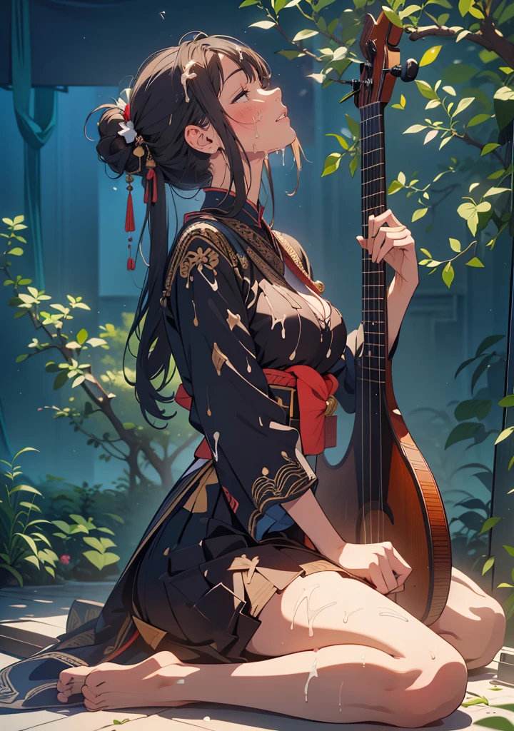 (masterpiece), (best quality), (ultra-detailed), (best illustration), (best shadow), (absurdres), Female, 25 years old, looking at viewer, medium breasts, 1girl, shy, nsfw:1.3, orgasm face, climax, masturbation, sweat, steam, nose blush, half closed eyes, bukkake, cum, shamisen,