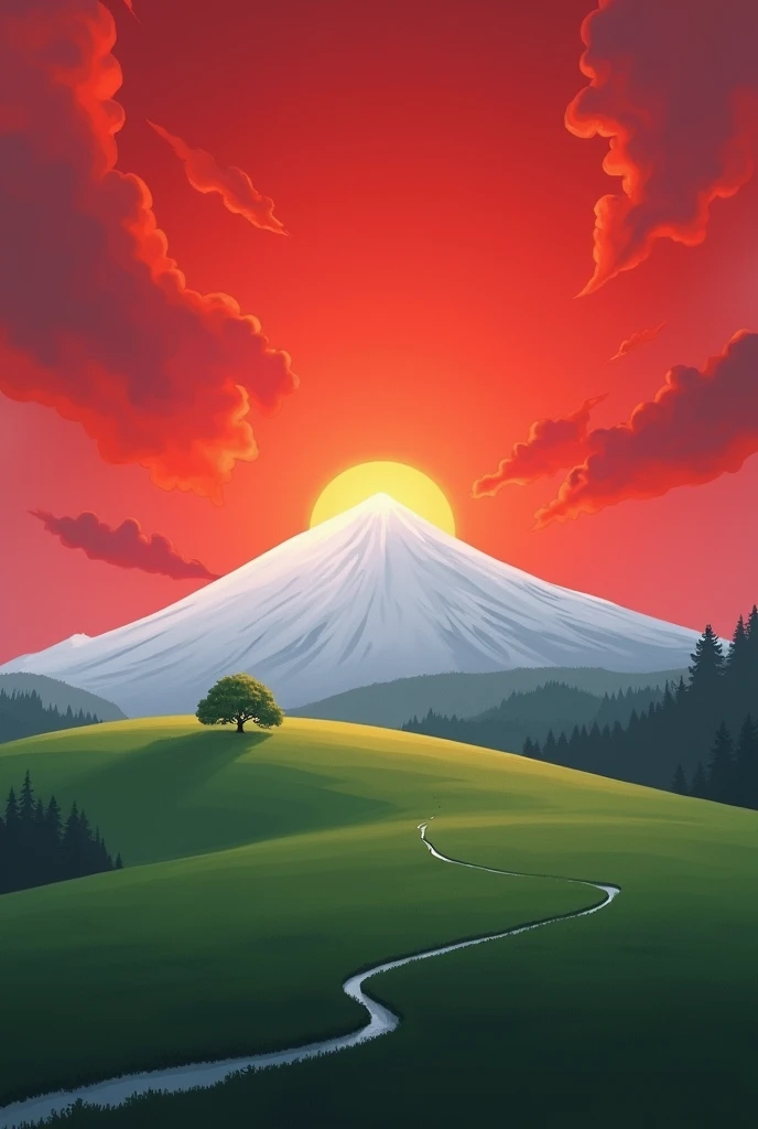 I need an image that has a hill with the sky above it being red in colour, the colour of the hill on top being white and the grass below being green