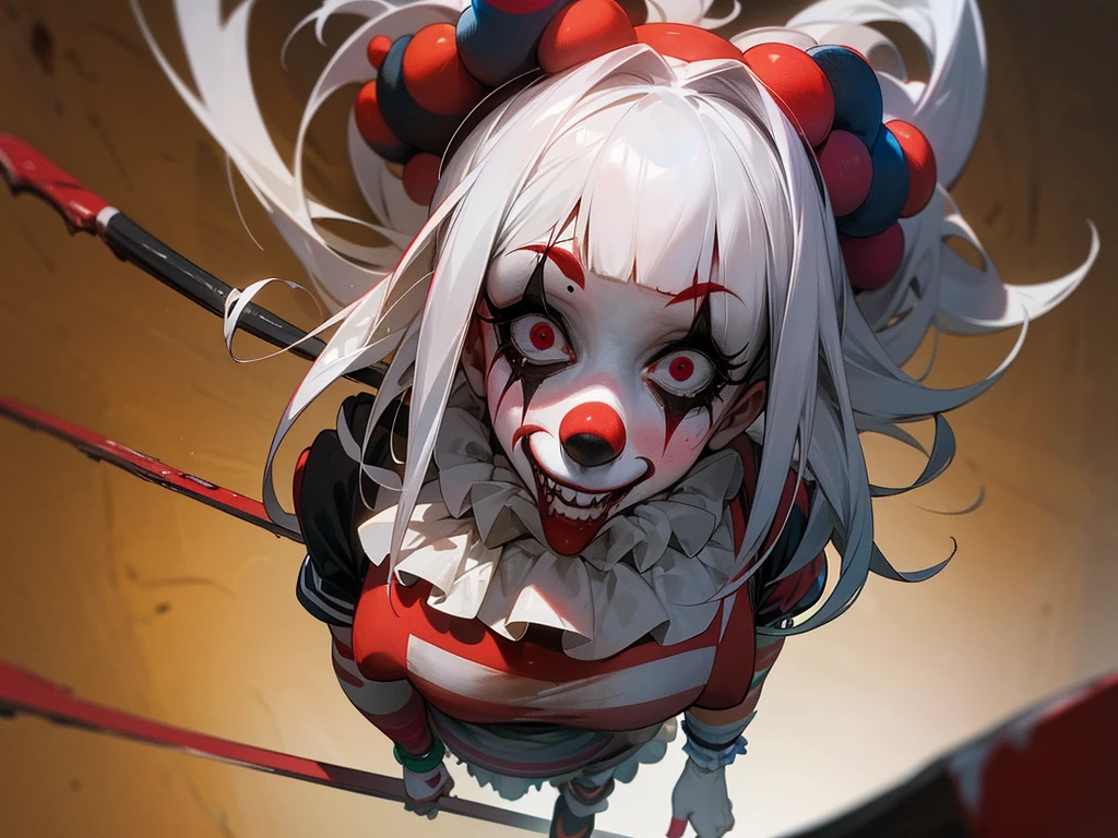 (Midnight Amusement Park),((Horror taste))、A clown looking up at the sky alone.、Sad expression、（（Full body portrait））、He's holding a bloodstained knife.、Anime-style illustrations