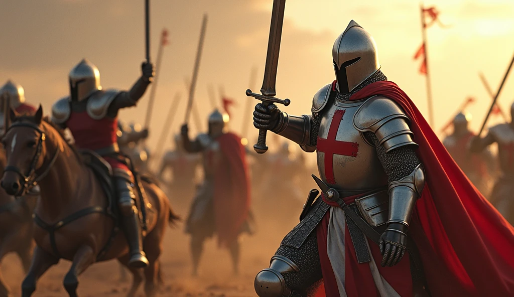 A highly realistic, high-contrast, 8K HD, detailed, hyper-detailed image of the Crusader knight from the provided image, fighting fiercely on the battlefield. The knight, clad in steel armor with a red cross on his tunic, displays incredible strength and determination as he battles his enemies. His sword is raised, and his movements are powerful and precise, cutting through the chaos of the fight. The battlefield around him is filled with the dust, blood, and clashing steel of intense combat. The dramatic lighting highlights the gleam of his armor and the focused intensity in his stance, capturing the essence of a warrior who fights with unyielding courage and strength. The image is of the highest quality, with ultra-high resolution, RAW photo quality, and Unreal Engine rendering, showcasing the Crusader knight's heroic and formidable presence as he dominates the battlefield.