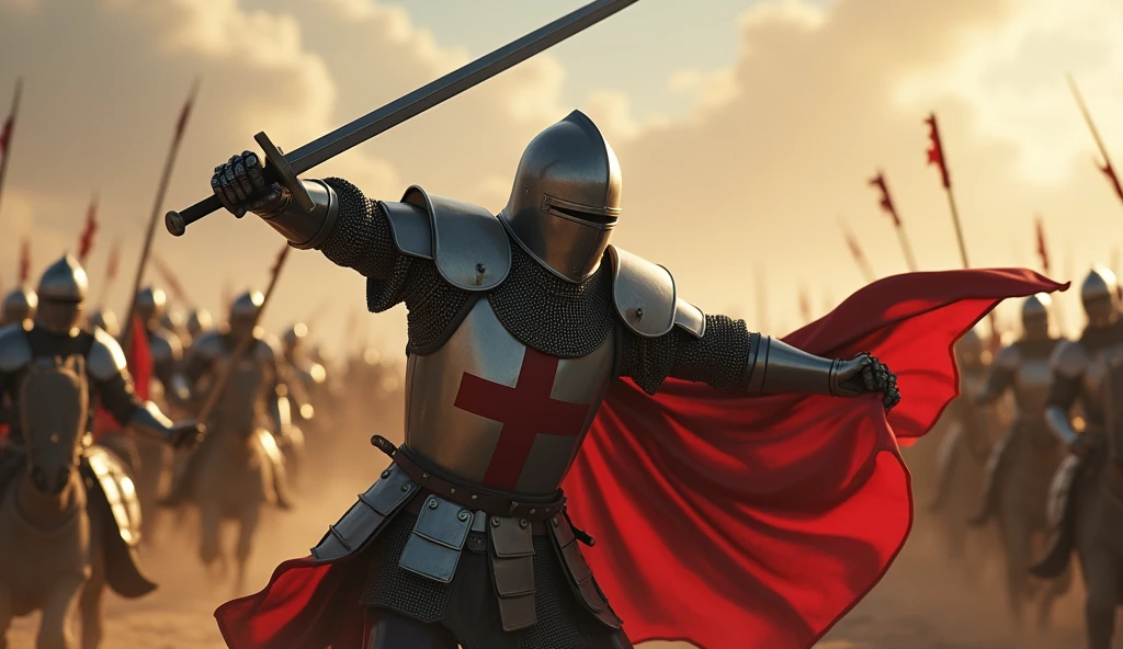 A highly realistic, high-contrast, 8K HD, detailed, hyper-detailed image of the Crusader knight from the provided image, fighting fiercely on the battlefield. The knight, clad in steel armor with a red cross on his tunic, displays incredible strength and determination as he battles his enemies. His sword is raised, and his movements are powerful and precise, cutting through the chaos of the fight. The battlefield around him is filled with the dust, blood, and clashing steel of intense combat. The dramatic lighting highlights the gleam of his armor and the focused intensity in his stance, capturing the essence of a warrior who fights with unyielding courage and strength. The image is of the highest quality, with ultra-high resolution, RAW photo quality, and Unreal Engine rendering, showcasing the Crusader knight's heroic and formidable presence as he dominates the battlefield.