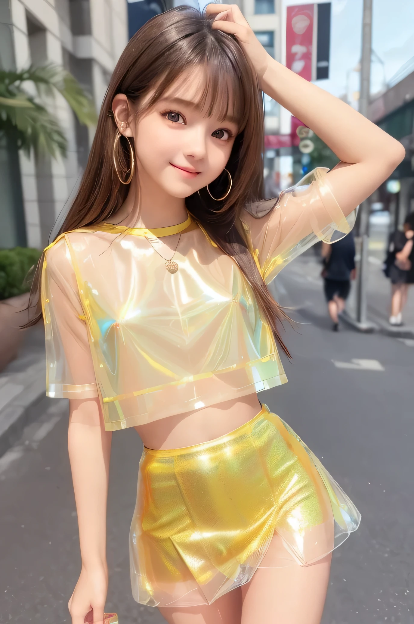 (super nice cute face:1.2),(Very beautiful cute girl),baby face,16 yo,(beautiful clear Eyes with a  radiance:1.2), Beautiful detailed eyes, Detailed double eyelids, (smiling), (realistic photograph:1.1), long straight brown hair, (Super Shiny metallic yellow transparent holographic  flare mini Skirt:1.1), (Super shiny yellow  transparent holographic fashionable summer tops:1.1),in the street ,panty 