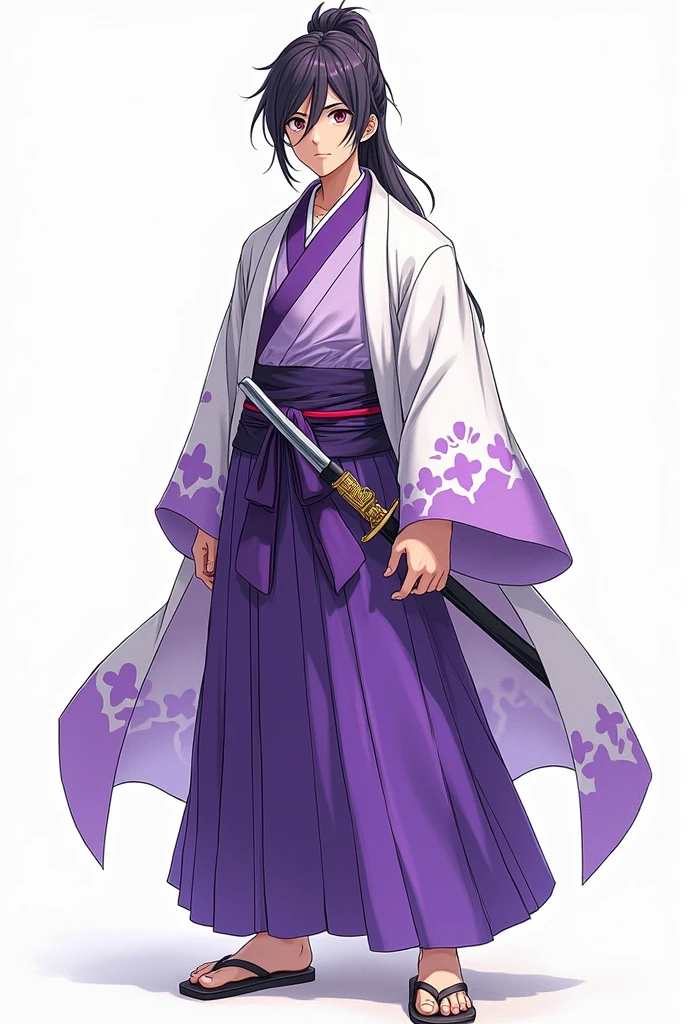 (illustrator) sketsa anime, samurai, kimono, blurple + white, front position, full body, boy, age 18