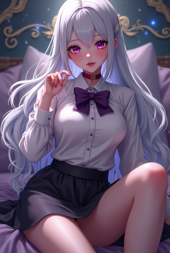 A girl,long eyelashes, Beautiful lip detail, beautiful face, Very detailed, masterpiece, 4k, anime, interior, Magical Girl Fantasy, Full body shot, Long hair, White hair, red choker, purple bow tie, White shirt, with black skirt, Open your legs, astride, barefoot, big breasts, blush, (shot from below), pussyfocus, ((vagina photo)), ((camel toe))