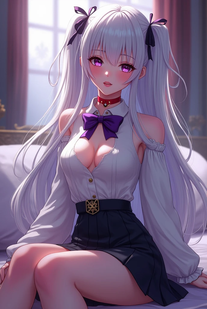 A girl,long eyelashes, Beautiful lip detail, beautiful face, Very detailed, masterpiece, 4k, anime, interior, Magical Girl Fantasy, Full body shot, Long hair, White hair, red choker, purple bow tie, White shirt, with black skirt, Open your legs, astride, barefoot, big breasts, blush, (shot from below), pussyfocus, ((vagina photo)), ((camel toe))