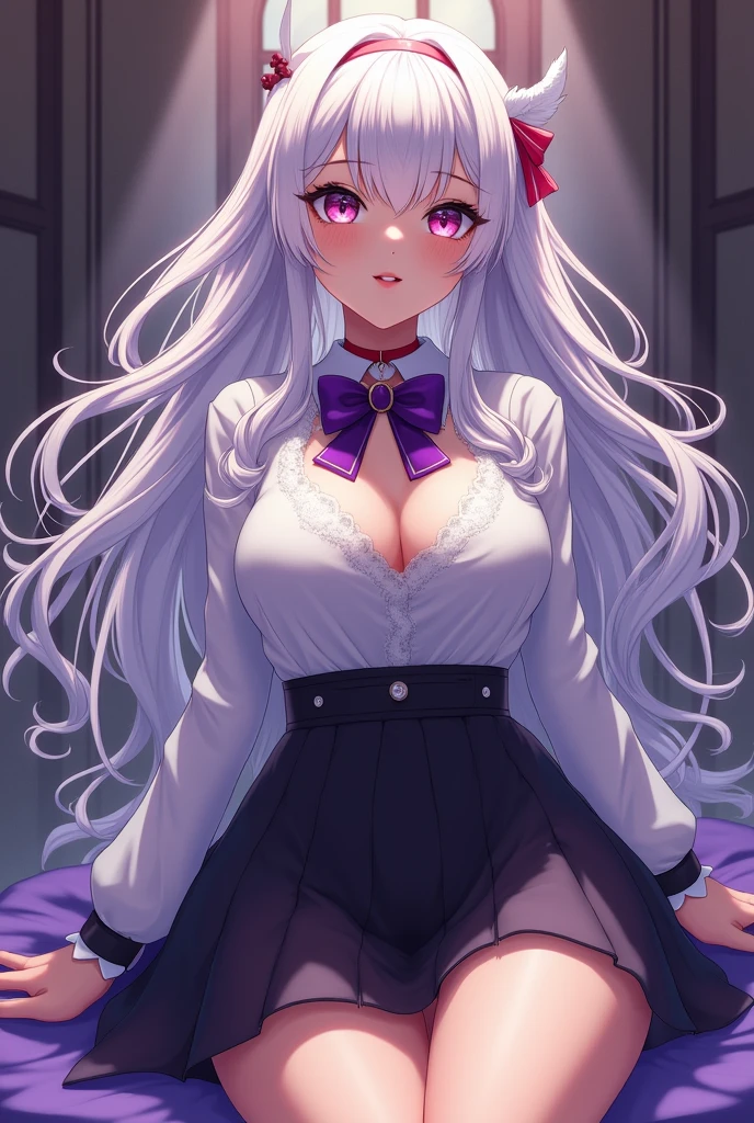 A girl,long eyelashes, Beautiful lip detail, beautiful face, Very detailed, masterpiece, 4k, anime, interior, Magical Girl Fantasy, Full body shot, Long hair, White hair, red choker, purple bow tie, White shirt, with black skirt, Open your legs, astride, barefoot, big breasts, blush, (shot from below), pussyfocus, ((vagina photo)), ((camel toe))