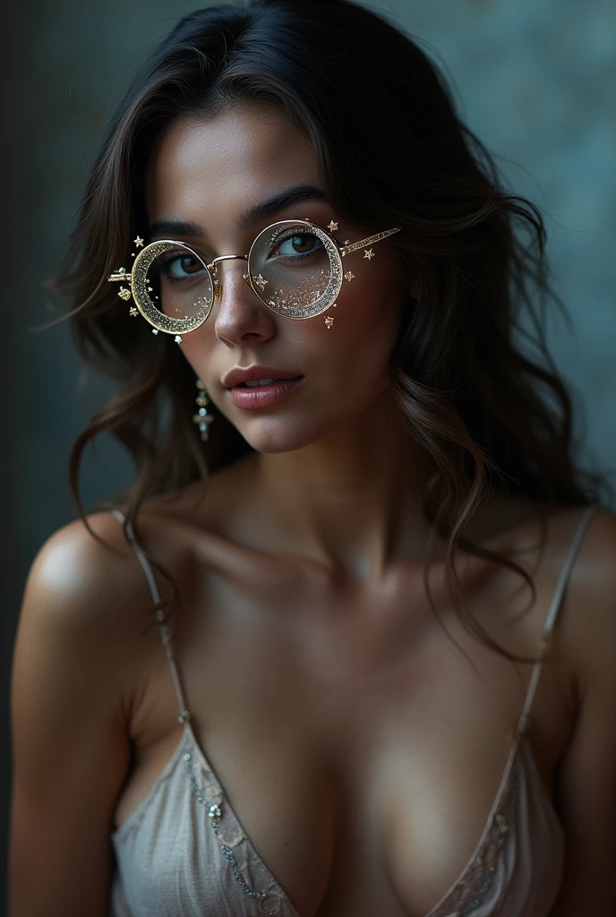 The model is wearing glass sunglasses with stars and the moon on the glass, nude tits