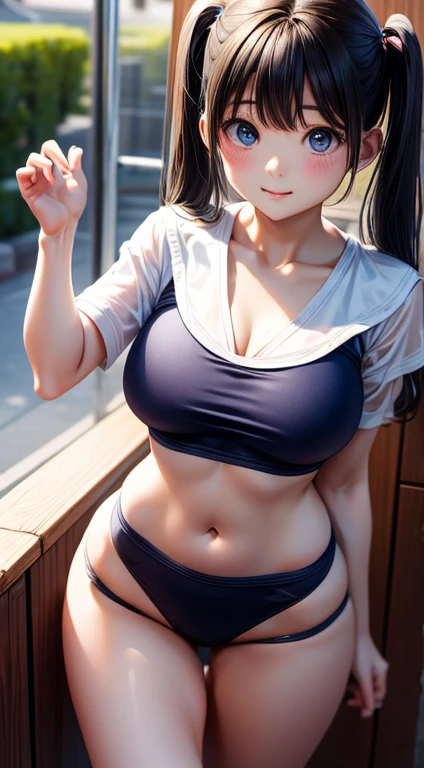 high quality、masterpiece、Ultra-high resolution、beautiful girl、beautiful girl顔、Cute Face、Navy solid school swimsuit、Lesbians around the world、Famous Japanese actresses、Very beautiful face、chest、Twin tails、巨大なchest、Too big、Saggy breasts、whole body、Thighs