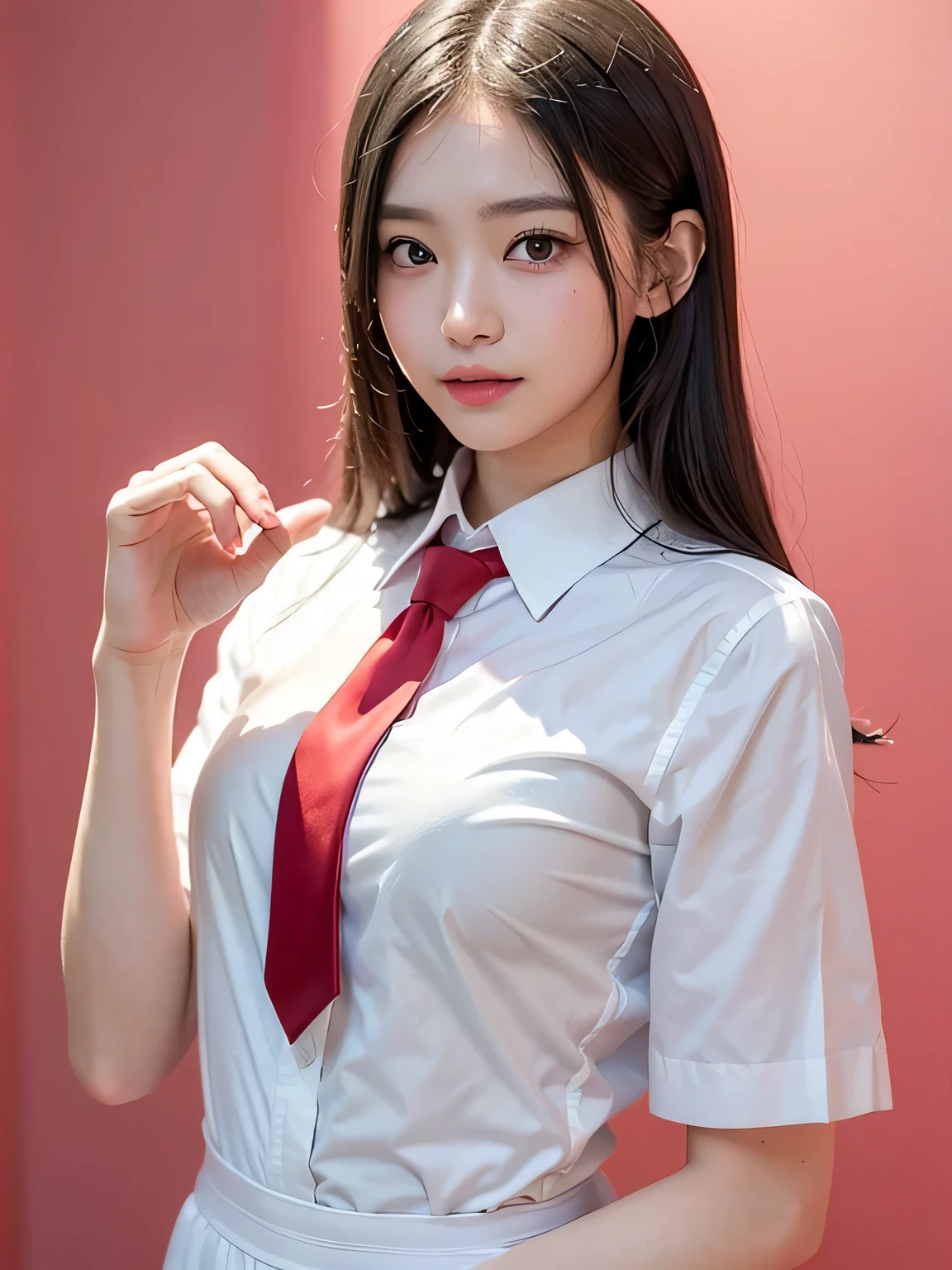 (Highest quality、8k、32K、masterpiece、Hmph:1.2)、(masterpiece, Highest quality), Realistic photos, high school girl、very cute、15 years old、sexy、Instagram, Bright colors, High Dynamic Contrast, Slender figure、thin、Small, shapely breasts、One person、Gray Hair、 Purple eyes, Lips parted, blush, compensate, A light smile, Red tie、A thin white short-sleeved shirt that is slightly translucent.、sexy、Red exy、Sweat, Wet, light, Shine, Tight waist, (masterpiece), Pink Wallpaper,