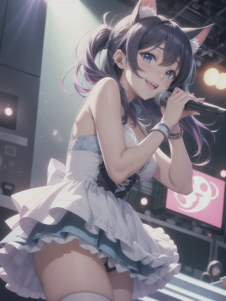 absurderes、ultra-detailliert、masterpiece、top-quality、BREAK、Official art、(Beautifully Aesthetic:1.2)、(watercolor paiting:Curly)、BREAK、Devilish Pretty Girl 1.2、a beauty girl、(kawaii:⒈3)、、BREAK、((split-colored hair:1.4、Random hair color:1.4))、striated hair、((Random hairstyle))Splash、(Hair mixed in random colors:1.2)、(フラクタルアート1.3)、BREAK、Cat's ears、A sexy、(Cat gloves、Fluffy hands)、BREAK、Like a cat's paw、Short socks、humanoide、BREAK、((Idol Costumes、Love Live Costume))BREAK、((heterochromia iridis、BREAK、Variegated eyes))、BREAK、From Side、Look at viewers、BREAK、((AI Concert:1.4))、BREAK、livestream、BREAK、Lighting with neon glow、Shyness、tension、red blush、Happy smiling face、BREAK、Professional stage、BREAK、profetional lighting、BREAK、Stick your butt out and sing、BREAK、Sing while holding the microphone in your left hand、Cute panties、Cute embroidered string panties