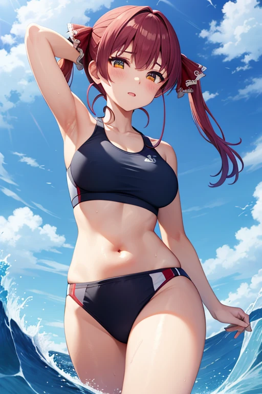 bbmarine, twintails, Covered in sweat　Sports Bra　Sports Bikini　Ocean　Standing on the crest of a big wave　Proud　Ocean賊船　