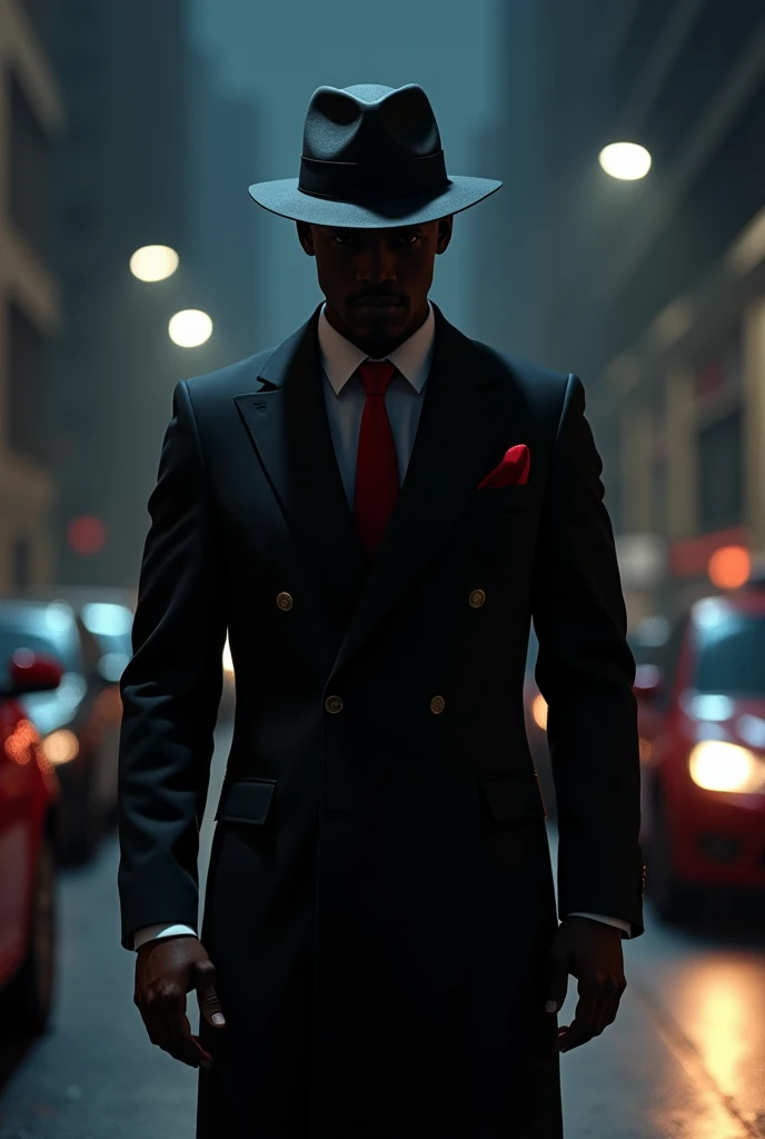 Create a black man wearing a hat and a black suit with red details. Do it with your head down and behind a street at night, with a sense of mystery