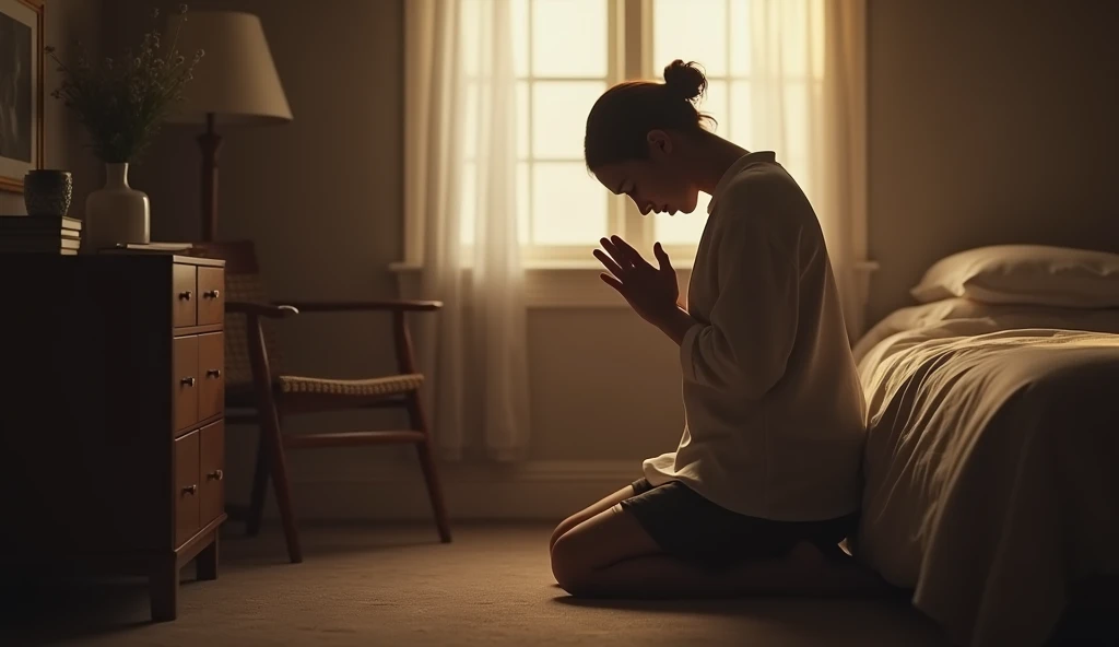 Realistic person kneeled down praying in the bedroom.