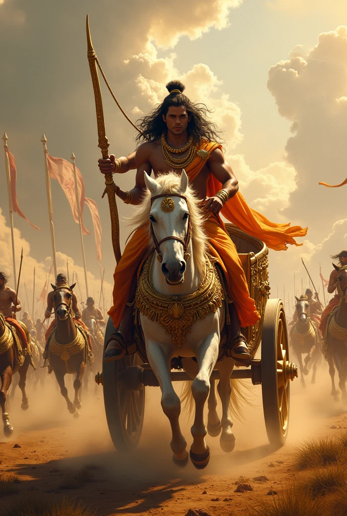 The Chariot Moving Forward: Show Krishna driving the chariot forward, with Arjuna standing firm, ready to face the battle