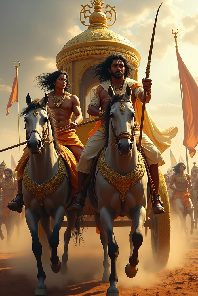 The Chariot Moving Forward: Show Krishna driving the chariot forward, with Arjuna standing firm, ready to face the battle