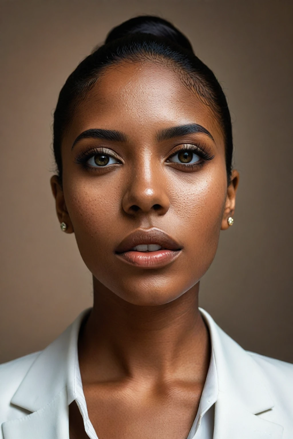 (perfect eyes), (detailed skin), Photorealistic young South American woman, age 20-30, full upper body, part of lower body, luxurious office, business class lounge, modern design elements, luxurious tailored suit, refined style, opulent, attention to detail, realistic textures, elegance, professionalism, detailxl