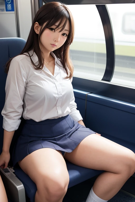 Japanese women、mini skirt、Underwear is visible、Thick thighs、sitting on a train seat with one&#39;s legs spread out to the side、sitting in the front seat、Viewer&#39;s perspective、Too much exposure、Hands on shoulders、Panty shot