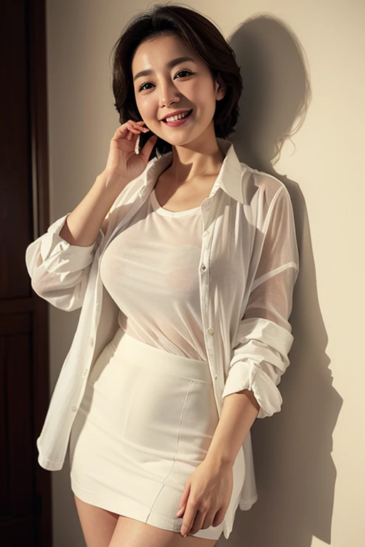 Mature attractive woman、18-year-old、1 person、Chubby、Jacket,White sheer T-shirt, skirt、Big Breasts、Laughter、masterpiece、Highest quality、Japanese、date、Facing this direction、Best image quality、Surreal、Natural Makeup