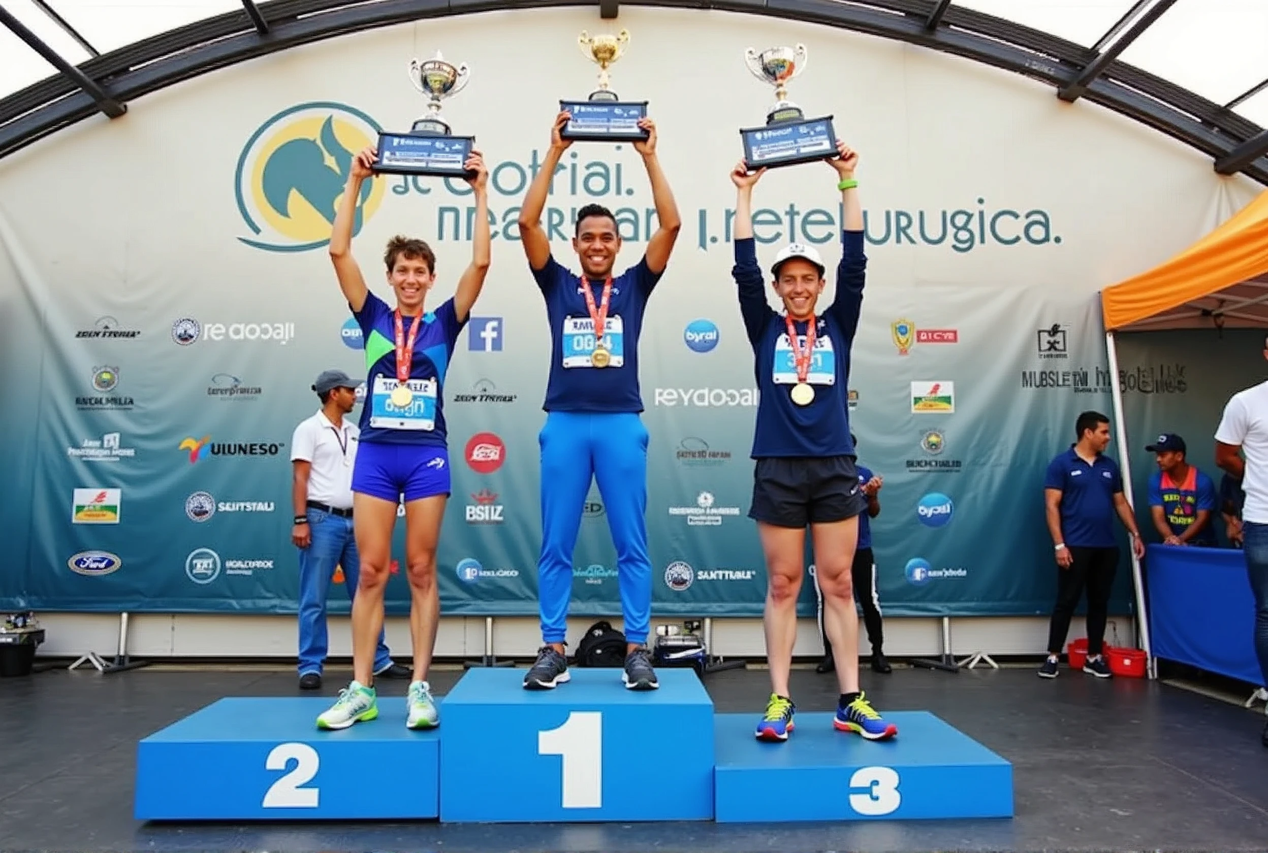 A high-quality photo of three Brazilian athletes standing on a podium during a marathon award ceremony in the daytime. The athletes are wearing colorful athletic gear and medals around their necks, proudly holding trophies above their heads with expressions of joy and accomplishment. The podium is marked with the numbers 1, 2, and 3, indicating their respective positions. The background features a large banner with the text "1ª Corrida Metelurgica" prominently displayed, along with the event’s sponsors. The scene is lively, with spectators and event staff visible, and the overall atmosphere is celebratory and triumphant.
