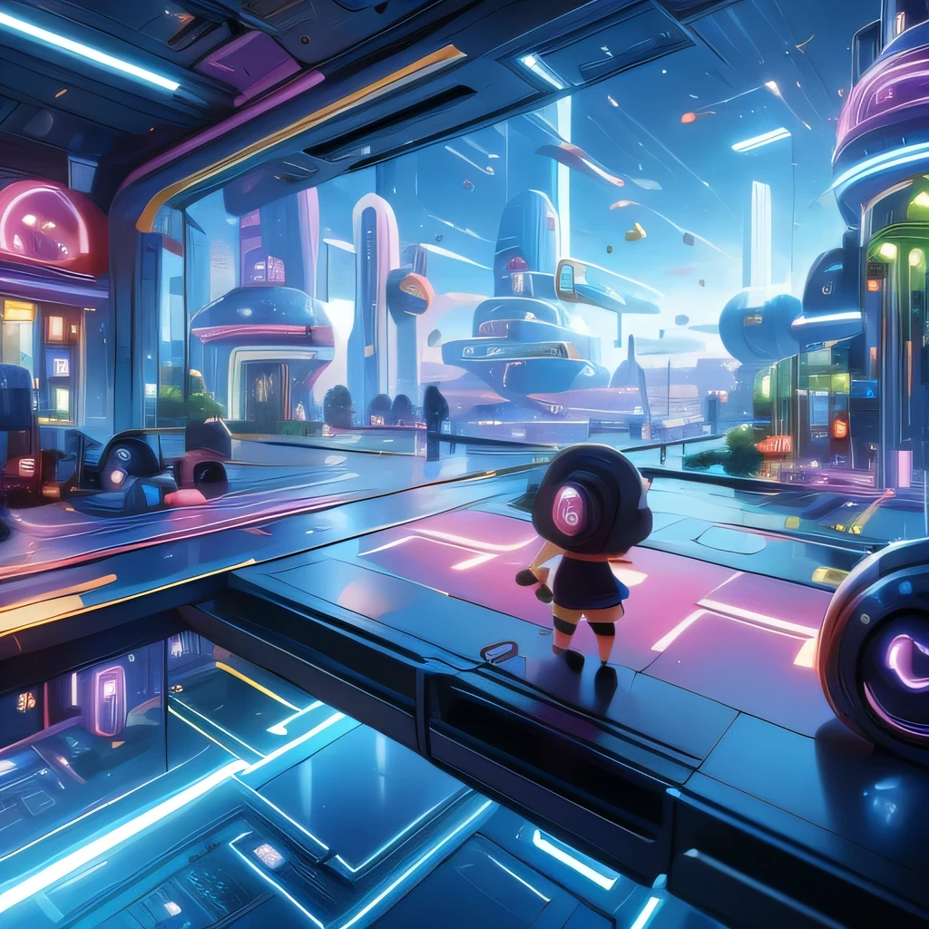 Child-friendly future city design，Ultra wide angle，Three children are playing.，Playfulness，Technology，Futuristic，Children's style，Disney style