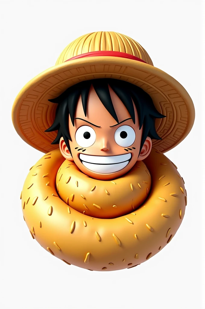 3D logo of Luffy's face from One Piece with a spiral potato behind him with the name Crunchy potato