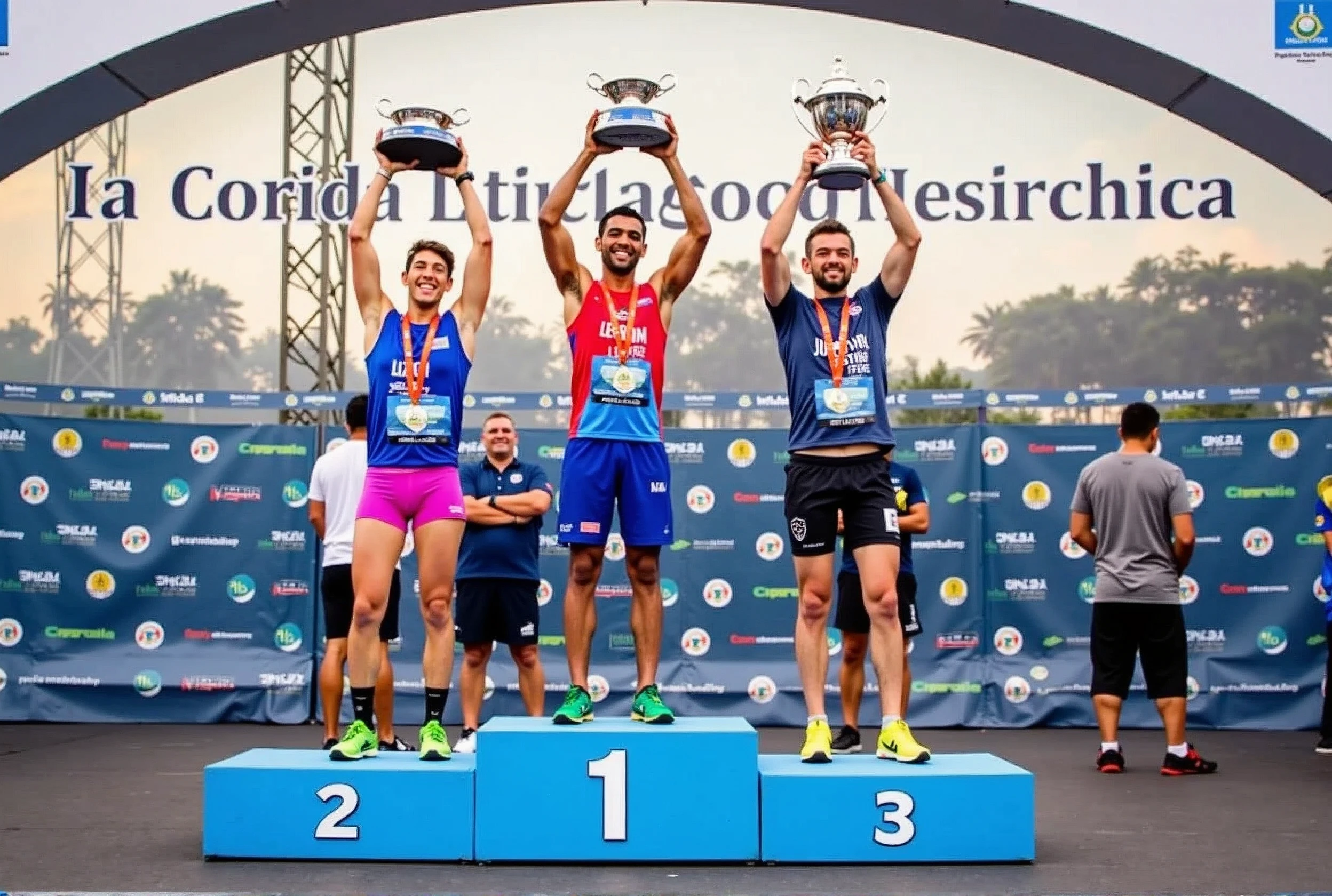 A high-quality photo of three Brazilian athletes standing on a podium during a marathon award ceremony in the daytime. The athletes are wearing colorful athletic gear and medals around their necks, proudly holding trophies above their heads with expressions of joy and accomplishment. The podium is marked with the numbers 1, 2, and 3, indicating their respective positions. The background features a large banner with the text "1ª Corrida Metelurgica" prominently displayed, along with the event’s sponsors. The scene is lively, with spectators and event staff visible, and the overall atmosphere is celebratory and triumphant.