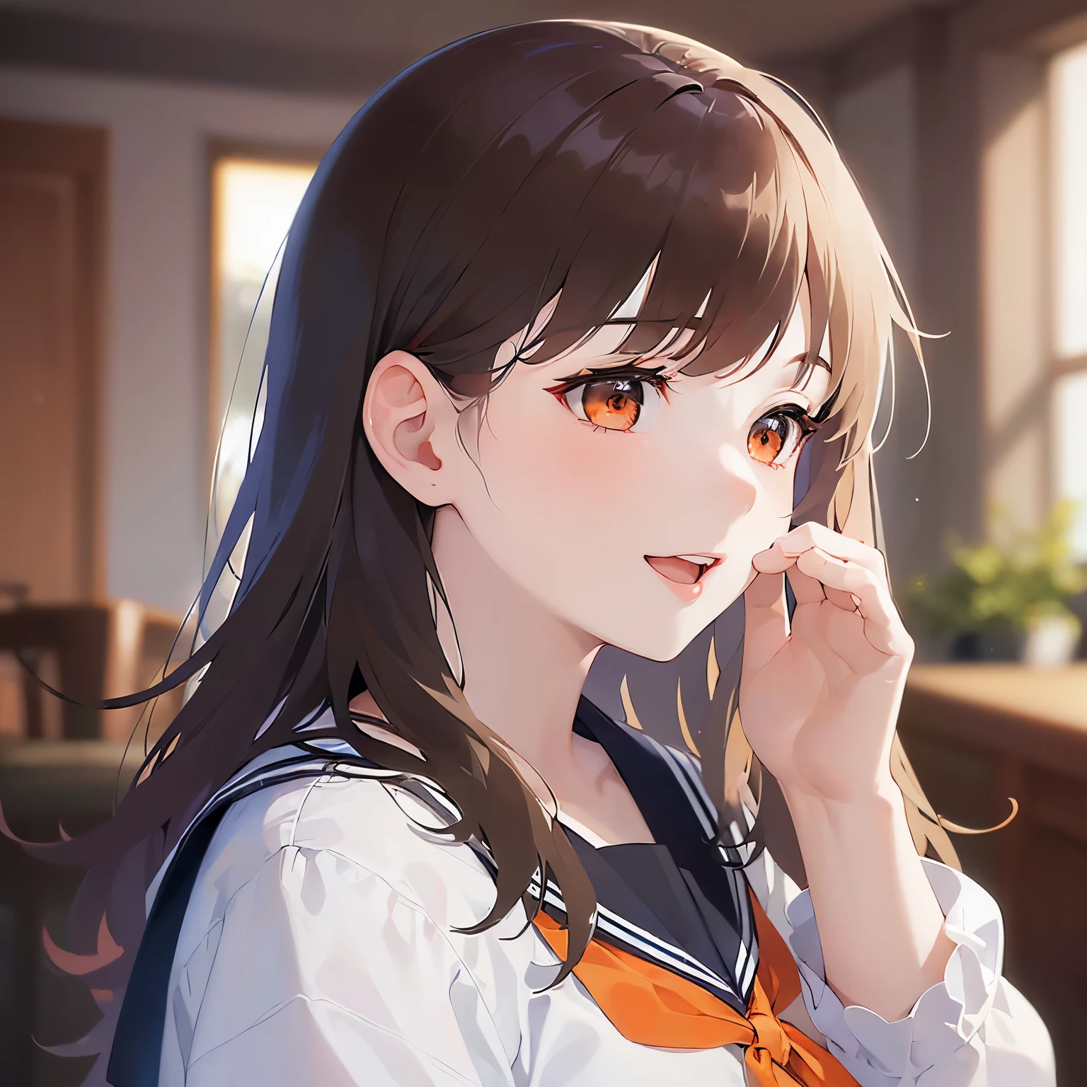(looking away:1.5)Upper Body, Side shot、profile、Putting a hand to your mouth、
 Realistic, real person, (pale skin: 1.2), RAW photo, photorealistic, shiny skin, shiny hair、
(A 25-year-old woman with medium-length hair and bangs) and (wavy hair) and (brown hair) and (orange eyes),
sailor suit, dark blue collar, white shirts,red ribbon,
surprised,smile,open mouth,The background is the living room、（alone:1.5）