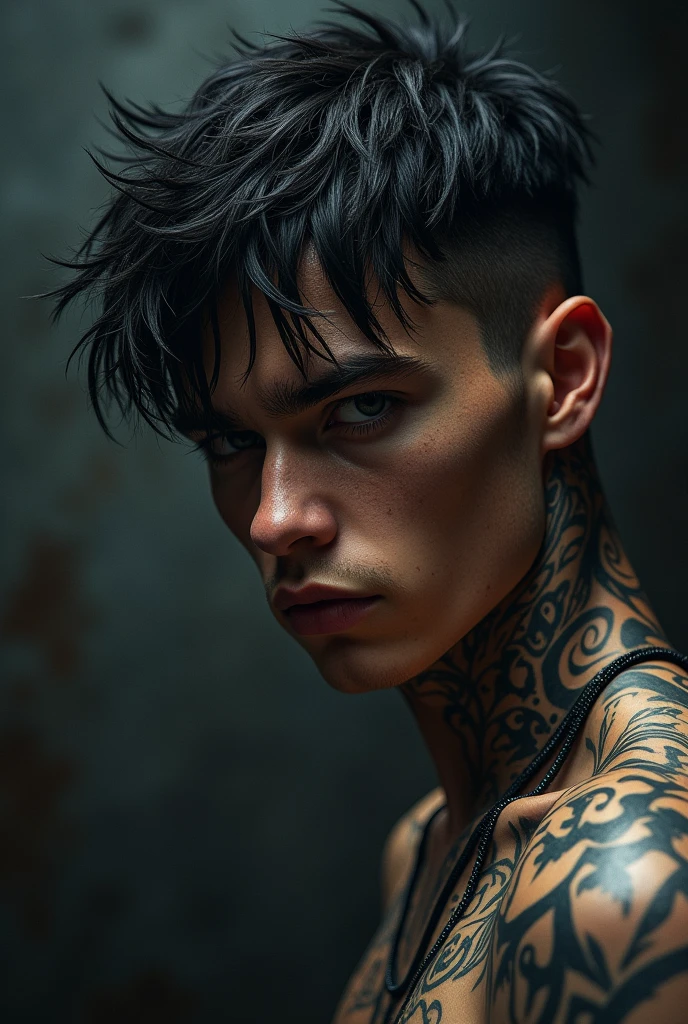 Tattoo Boy, so beautiful, Murderous, betrayal, anger, Dark Background, 8k, Dynamic Wallpapers, Very delicate, very dark Future