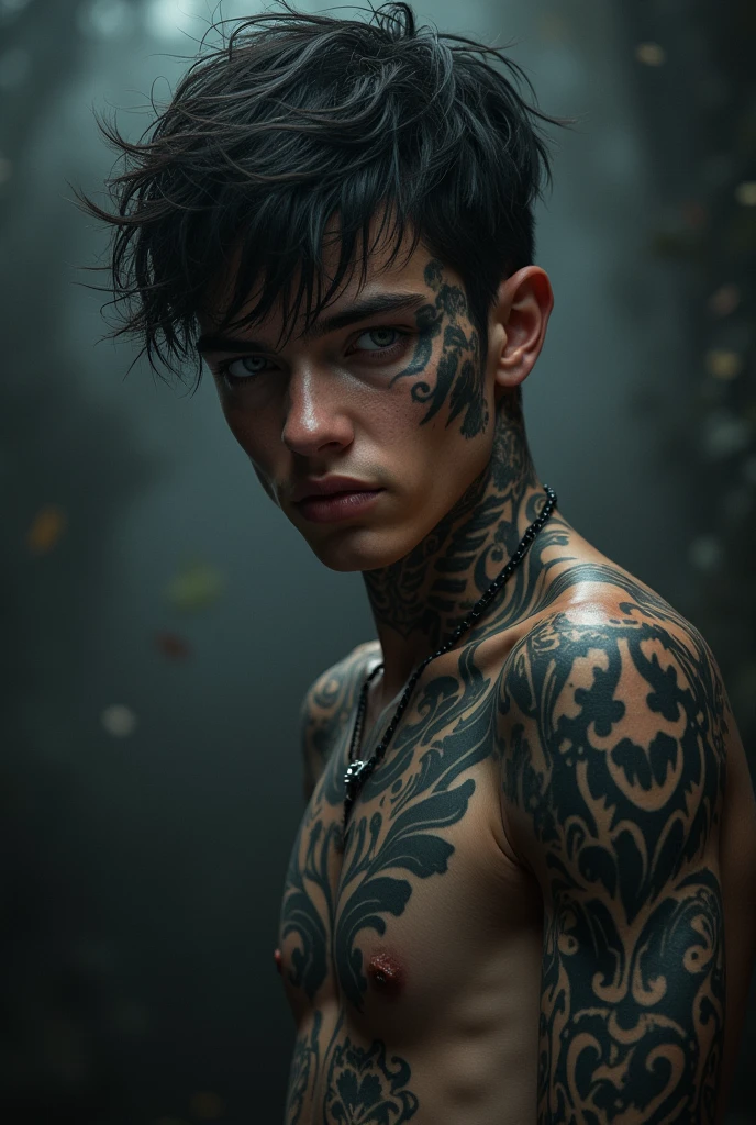 Tattoo Boy, so beautiful, Murderous, betrayal, anger, Dark Background, 8k, Dynamic Wallpapers, Very delicate, very dark　Future