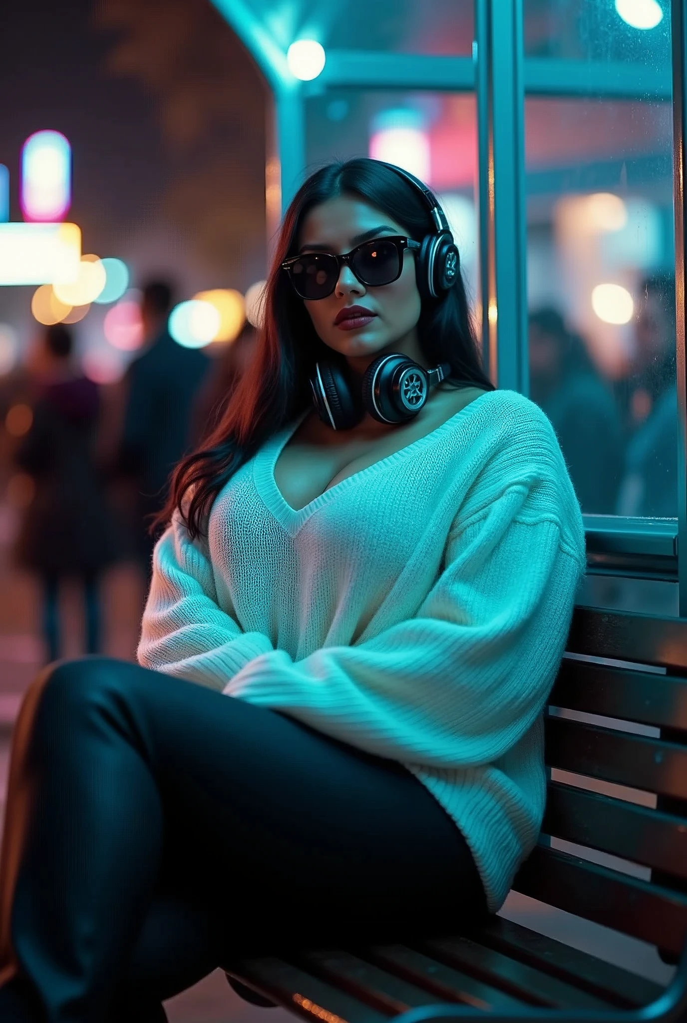 Very beautiful women(curvy body) sitting in bus shelter crowded people, wearing white sweeter and black pants, sun glasses and headphones, full body from low angle picture, beautiful lights at nights.(colorfull)
