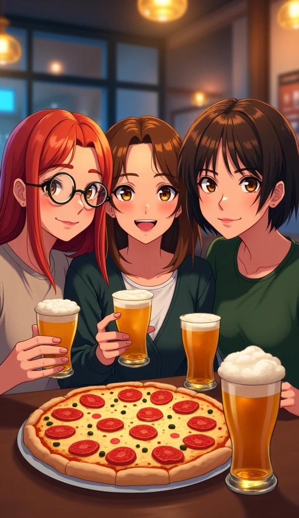 A group of three European friends is sitting in a bar and taking selfies, each with a glass of beer in their hands, and pizza on the table, they look at the camera and smile. First friend: a girl with straight red hair below the shoulders, brown eyes and round glasses. The second friend is a brunette with slightly curly hair below her shoulders and brown eyes without glasses. The third friend is a guy with a dark brown long bob and brown eyes. Japanese manga style