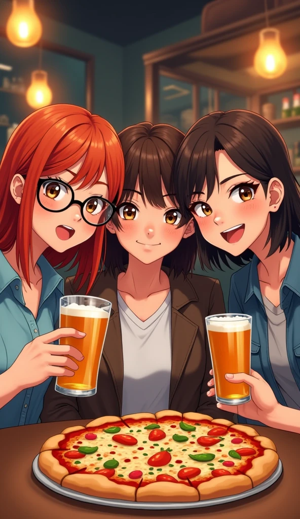 A group of three European friends is sitting in a bar and taking selfies, each with a glass of beer in their hands, and pizza on the table, they look at the camera and smile. First friend: a girl with straight red hair below the shoulders, brown eyes and round glasses. The second friend is a brunette with slightly curly hair below her shoulders and brown eyes without glasses. The third friend is a guy with a dark brown long bob and brown eyes. Japanese manga style