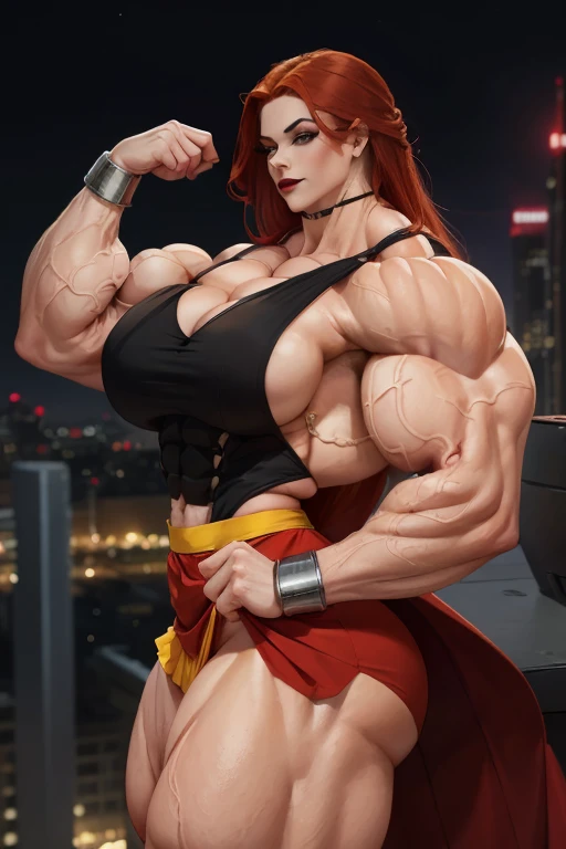 (((Close-up))), tall, (red hair) beautiful muscular woman, long hair, pale white skinned, closed smile, large breast, (black lipstick), (massive muscles), (hyper muscle), (ginormous bulky muscles), yellow eyes, (((red skirt suit))), red bracelets, choker, high heels, on the rooftop at night,