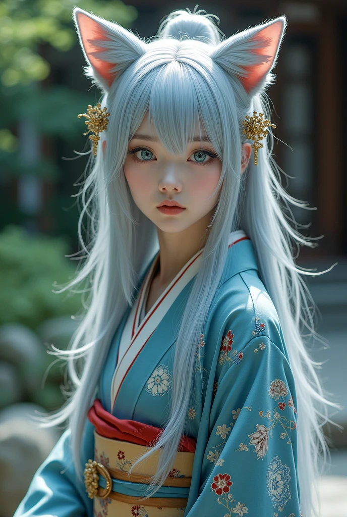 Silver Hair、Long Hair、Cat ear、Blue Eyes、kimono、woman、live-action