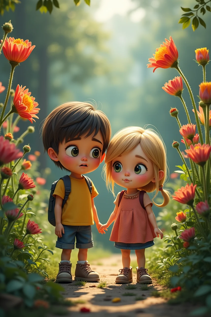 Anna and Lucas (children) observing a garden with flowers that are wilting in various colors.