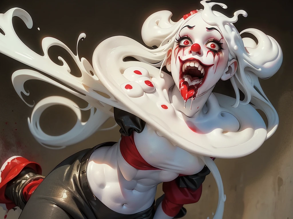 (((Foamy in the mouth、Mouth wide open、Drooling))),(Midnight Amusement Park),((Horror taste))、A clown looking up at the sky alone.、Sad expression、((Full body portrait))、He's holding a bloodstained knife.、Anime-style illustrations、Very revealing clothing