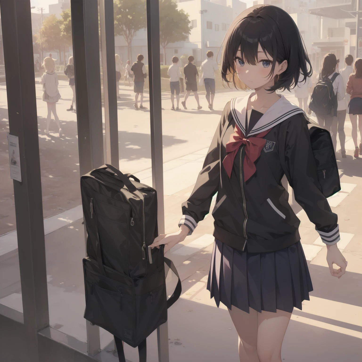 ultra-absurdres-Top quality by artist God, ultra-detailed, high resolution, anime moe artstyle, best anime 8k konachan wallpaper, pixiv contest winner, pool:2810, perfect anatomy,break, 1girl, (Please draw a girl walking sleepily to school alone. )break,(Solo,little female, 13-year-old:1.3),Full limbs, complete fingers,a junior high school student, (very short hair), short cut, flat chest, , small butt, small black eyes, beautiful detailed eyes, well-proportioned iris and pupils, expressive eyes, highres detailed hair, soft expression, salor school_uniform, sailor collar, serahuku, bow, pleated skirt,(Detailed Lighting), (Detailed background), in the School commute route. break,super detailed skin, Best cinematic lighting powered by famous artist, 8k,beauty illustration,photoshop_(medium),very aesthetic,break,((artist:izumi_tsubasu )), artist:clamp ,artist:carnelian ,artist:kantoku ,