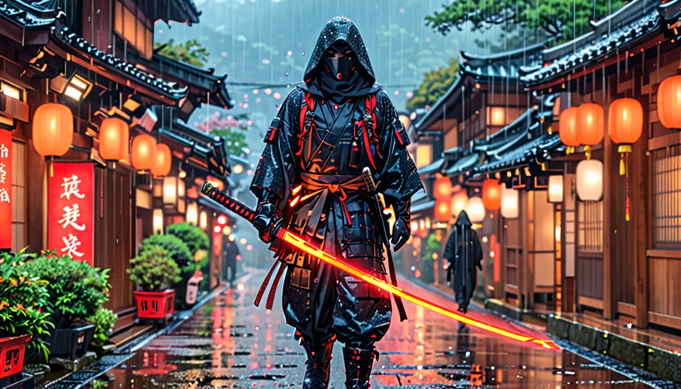 (work of art), (best qualityer), (hires), 1 man and 1 dragon on the side, male focus, A man in a dark combat suit, covering your entire body, with a hood and a black mask that covers him up to his nose and he has a Japanese katana in his hands, Kyoto background, rainy atmosphere, cyber enhancements, brown dark eyes, cowboy shot, complete fingers, black gloves, matching boots.