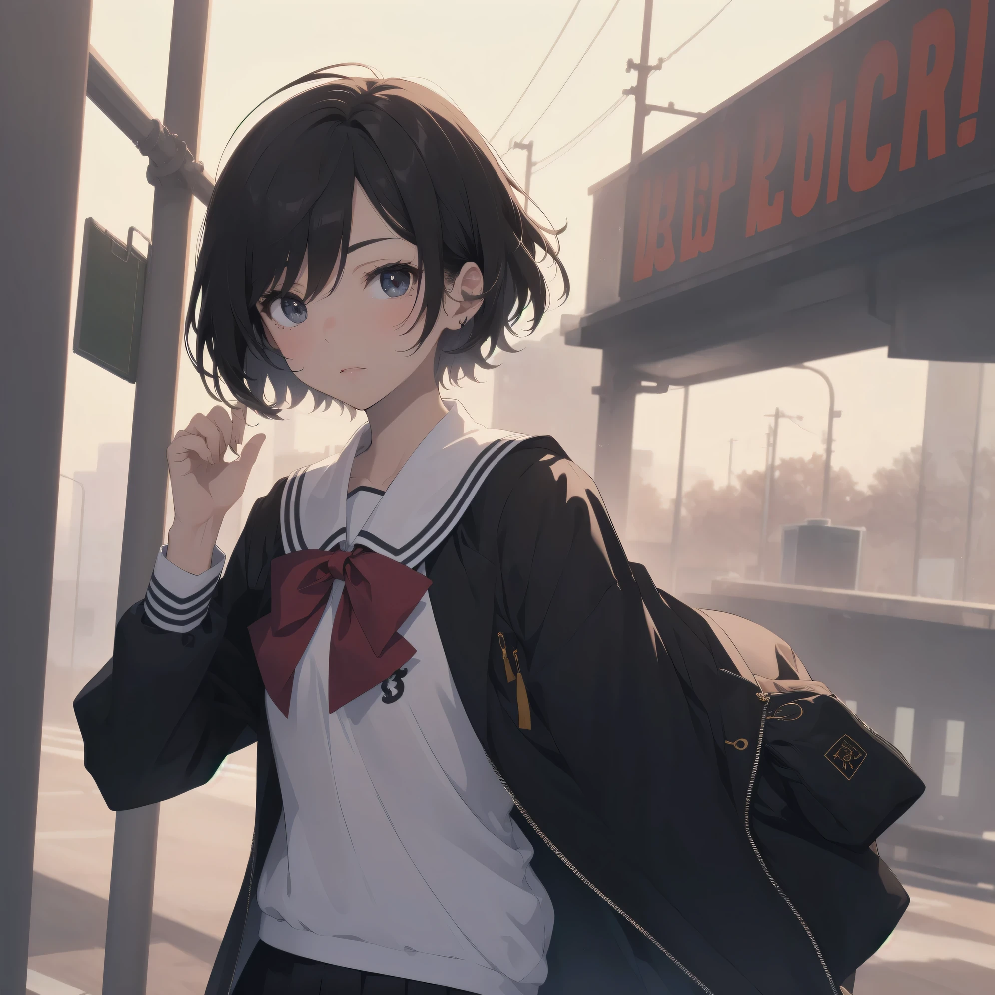 ultra-absurdres-Top quality by artist God, ultra-detailed, high resolution, anime moe artstyle, best anime 8k konachan wallpaper, pixiv contest winner, pool:2810, perfect anatomy,break, 1girl, (Please draw a girl walking sleepily to school alone. )break,(Solo,little female, 13-year-old:1.3),Full limbs, complete fingers,a junior high school student, (very short hair), short cut, flat chest, , small butt, small black eyes, beautiful detailed eyes, well-proportioned iris and pupils, expressive eyes, highres detailed hair, soft expression, salor school_uniform, sailor collar, serahuku, bow, pleated skirt,(Detailed Lighting), (Detailed background), in the School commute route. break,super detailed skin, Best cinematic lighting powered by famous artist, 8k,beauty illustration,photoshop_(medium),very aesthetic,break,((artist:izumi_tsubasu )), artist:clamp ,artist:carnelian ,artist:kantoku ,
