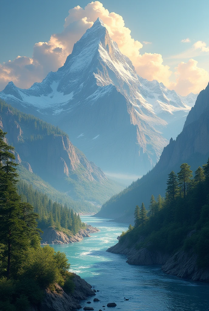 mountain scenery with rivers and clouds with sunlight