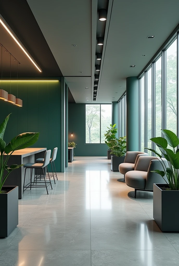 include furniture, lighting, branding, technology integration, layout planning, and decor elements to reflect professionalism and functionality. Light and dark colour combination Sea green and grey