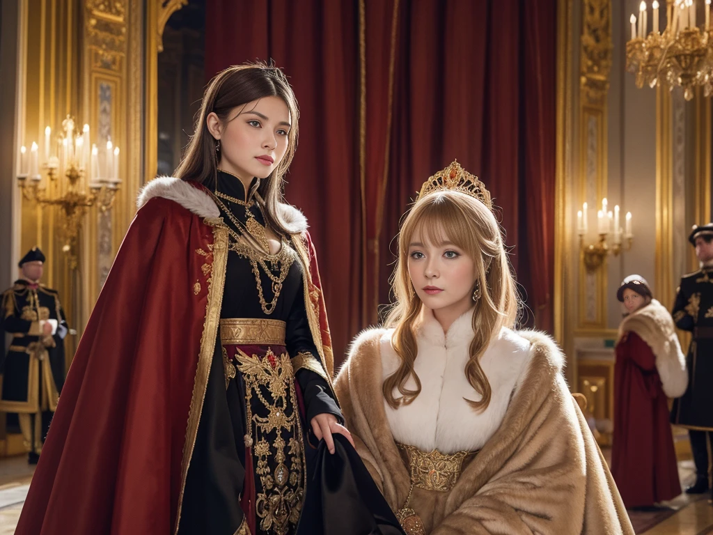 Russian women of the Imperial era、Russian lady in gorgeous dress、(((palace)))fur cape、Watching the audience、(((Pair of women)))、Fur coat。