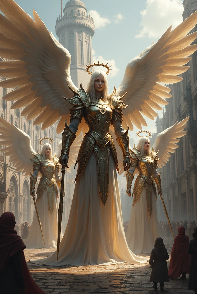 armored angels in a medieval city