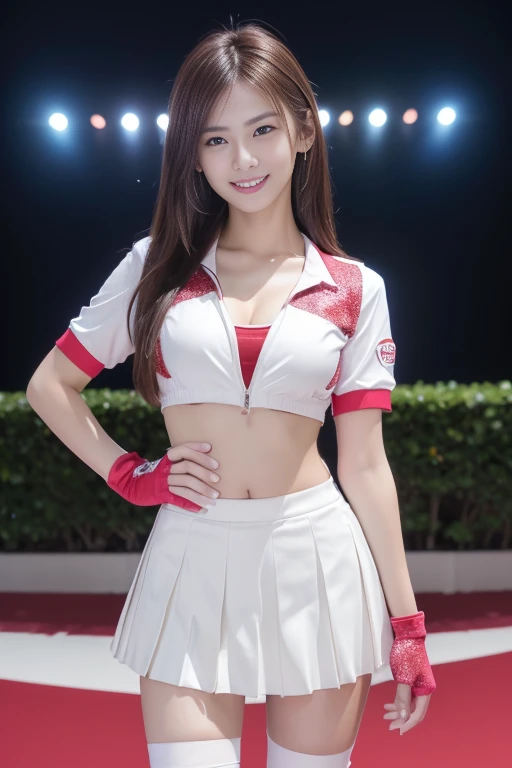 (8K, Raw photo, Best Quality, masutepiece:1.2), (Realistic, Photorealsitic:1.37), 超A high resolution, 1girl in, 18 years old, (Idol:1.4), (famous actress :1.4), (beautifull detailed face:1), Bangs,Laughing with white teeth、 (cleavage of the breast)、 (Multicolor floating hair), Skin Dentation, Light makeup, (Beautiful big breasts:1.3), (gleaming skin:1.1), Shiny skin, long limbs, slim, hanging breasted:1.3, Narrow waist, medium hips, thin legs, slim thigh, Dynamic lighting, Sexually suggestive faces, Glossy texture, lip stick, V-shaped eyebrows, v-line jaw, Looking at Viewer, (Long hair:1.3), (Perfect face:1.4), ((heavy wind)), Flowing hair, audience, (Smile:1.3), blue-sky, (((Monte Carlo Street Circuit))), (((racing car))), (((Racing Bikes))), ((Promotion Girl:1.3)), ((Grid Girl:1)), Pink lip, Light makeup, (Detailed promotional costumes are intricately worn:1.10), lace-up boots, Short sleeves, cropped tops, ((Short jacket:1)), (Tube Top Bra:1), knee high, (((Nylon short sleeve jacket with many logos))), (Knee Length Glitter Nylon Pleated Skirt), ((Asymmetrical medium size nylon pleated skirt)), small ass, ((Promotional wear with logo)), (((Red and White Glitter Promotional Wear))), Fingerless gloves, Navel View Style, A dark-haired, Brown hair, Red hair, Blue eyes, (sweat drop:1), (Dynamic Angle), Walking, bending forward, audience,