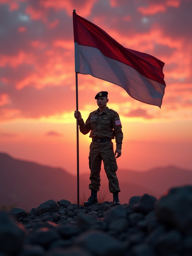 There is an Indonesian indonesian Army who is the flag of Indonesian in front of him and seeing all the Army flags are cellut.  The background shows a blurred outdoor scene with rocky terrain and a vibrant pink and purple sunset sky. The lighting gives the image a warm, golden-hour glow. The overall mood is rugged yet stylish, with a touch of adventure.