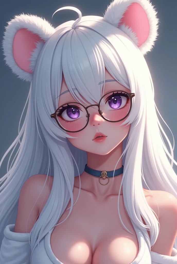 woman with long white hair+white bear ears+glasses+purple eye+dick+nude