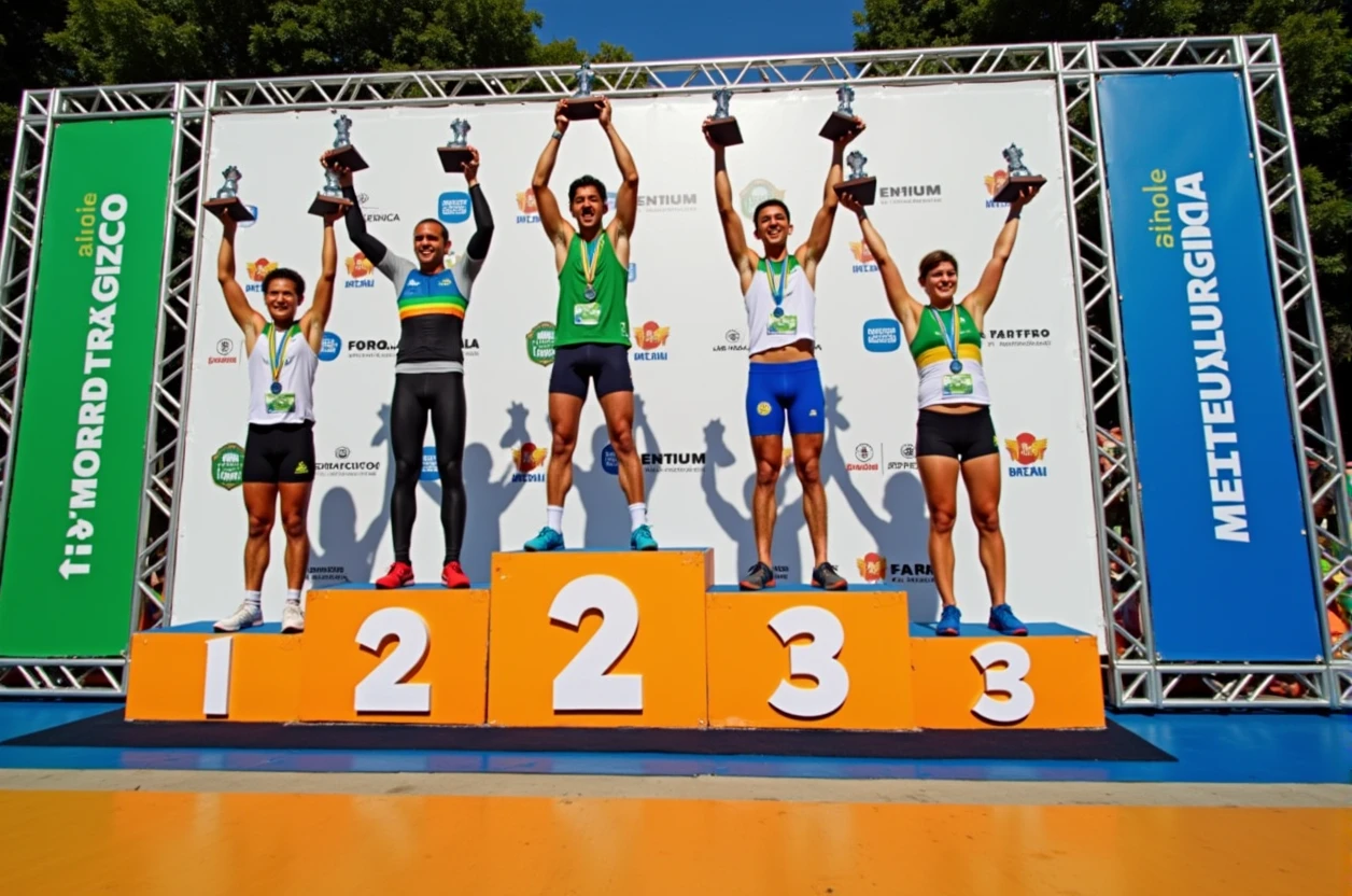 A high-quality photo of three Brazilian athletes standing on a podium during a marathon award ceremony in the daytime. The athletes are wearing colorful athletic gear and medals around their necks, proudly holding trophies above their heads with expressions of joy and accomplishment. The podium is marked with the numbers 1, 2, and 3, indicating their respective positions. The background features a large banner with the text "1ª Corrida Metelurgica" prominently displayed, along with the event’s sponsors. The scene is lively, with spectators and event staff visible, and the overall atmosphere is celebratory and triumphant.